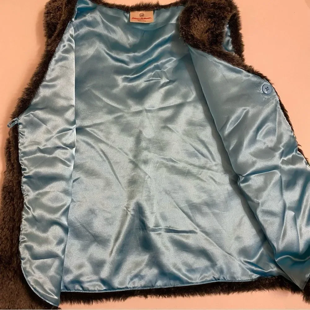 Hanna Andersson Faux Fur dark brown Vest blue liner 150 size 12